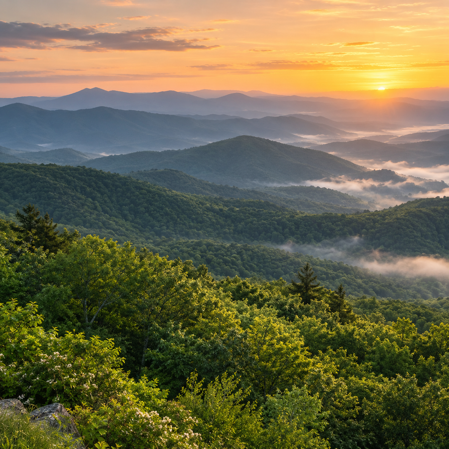 Illustrated North Carolina-inspired Blue Ridge mountain landscape at sunrise